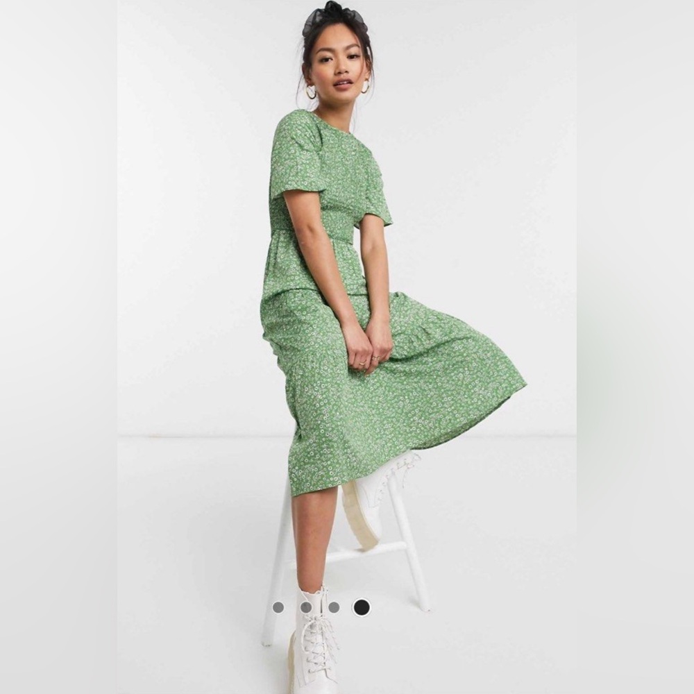 ASOS Wednesday’s Girl midi dress with shirred/smocked top in green floral print.